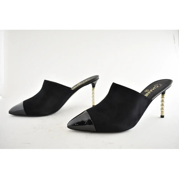 Chanel 20C Paris In Rome Pearl Black Suede Patent CC Mule Slide Heel Pump 42 - Picture 6 of 8